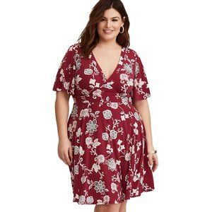 TORRID Womens Burgundy Floral Stretch Knit Dress V Neck Paisley Flutter …